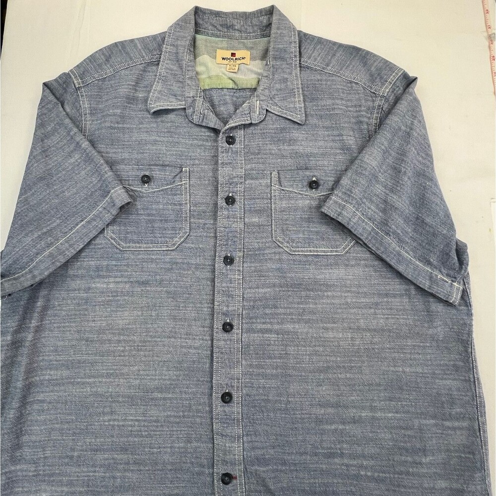 Woolrich Mens Blue Chambray Short Sleeve Cotton Button Up Casual Shirt Size XL